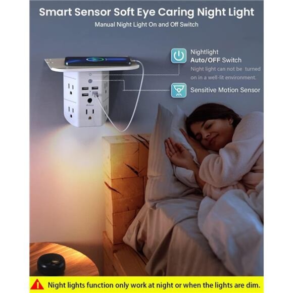 Wall Outlet Extender with Shelf and Night Light,Surge Protector,USB Wall Charger - Picture 3 of 6